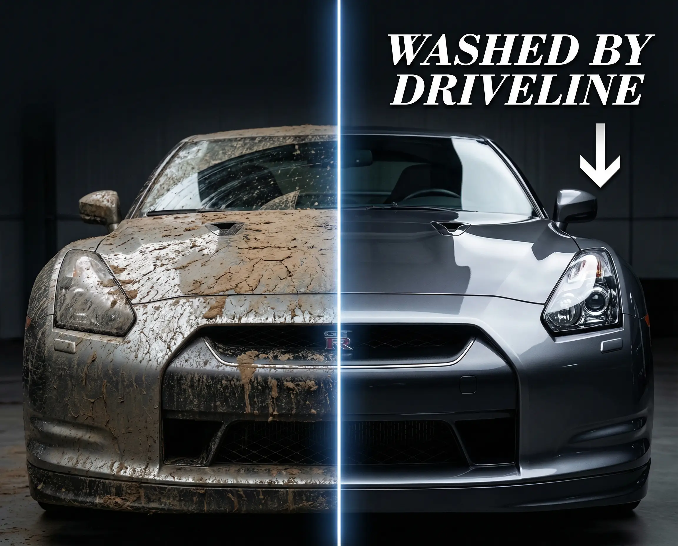 Driveline before-and-after: a Nissan GTR split between dusty and showroom-clean